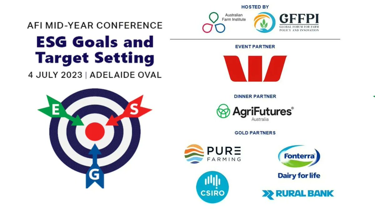 AFI would like to thank our sponsors for the ESG Goals & Target Setting Conference - @Westpac, @AgriFuturesAU, Pure Farming (powered by @MapOfAg), @Fonterra, @ruralbank, @CSIRO Join us next week, online tickets still available > buff.ly/3JnXCii #AusAgESG