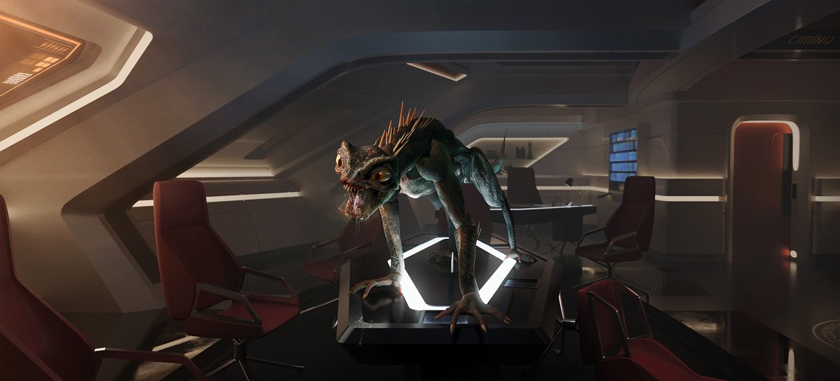 Here's a fun little guy! Gorn adolescent in the Enterprise conference room, made in appreciation of the fantastic production/creature design on Star Trek Strange New Worlds. I had a lot of fun making both creature & environment. Sounds like season 2 will be revisiting the Gorn!🦎