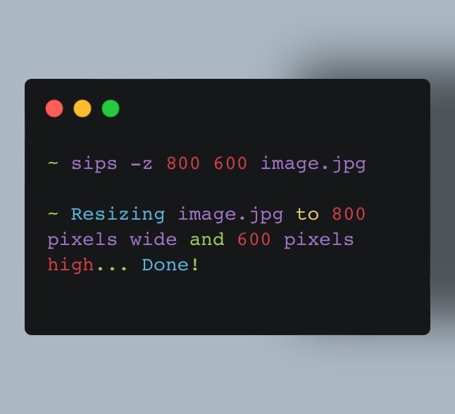 micovi7's tweet image. Unlock image editing magic with ‘sips’ on macOS! 🌄📷 Resize, convert formats, edit metadata effortlessly. Try ‘sips -z’ for resizing, ‘sips -s format’ for format conversion, and ‘sips -d metadata’ for editing metadata. Unleash your creativity! 🖼️✨ #macOSTips #ImageEditing