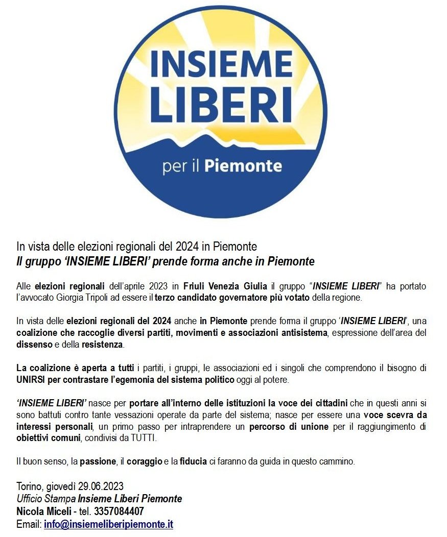 FREEvax_Liberta's tweet photo. In vista delle #elezioni regionali del 2024 anche in #Piemonte prende forma il gruppo #InsiemeLiberi, coalizione che raccoglie partiti e associazioni dell’area del DISSENSO e della RESISTENZA che comprendono il bisogno d'UNIRSI per contrastare il sistema politico al potere #oggi. https://t.co/SbNGj2iyx5