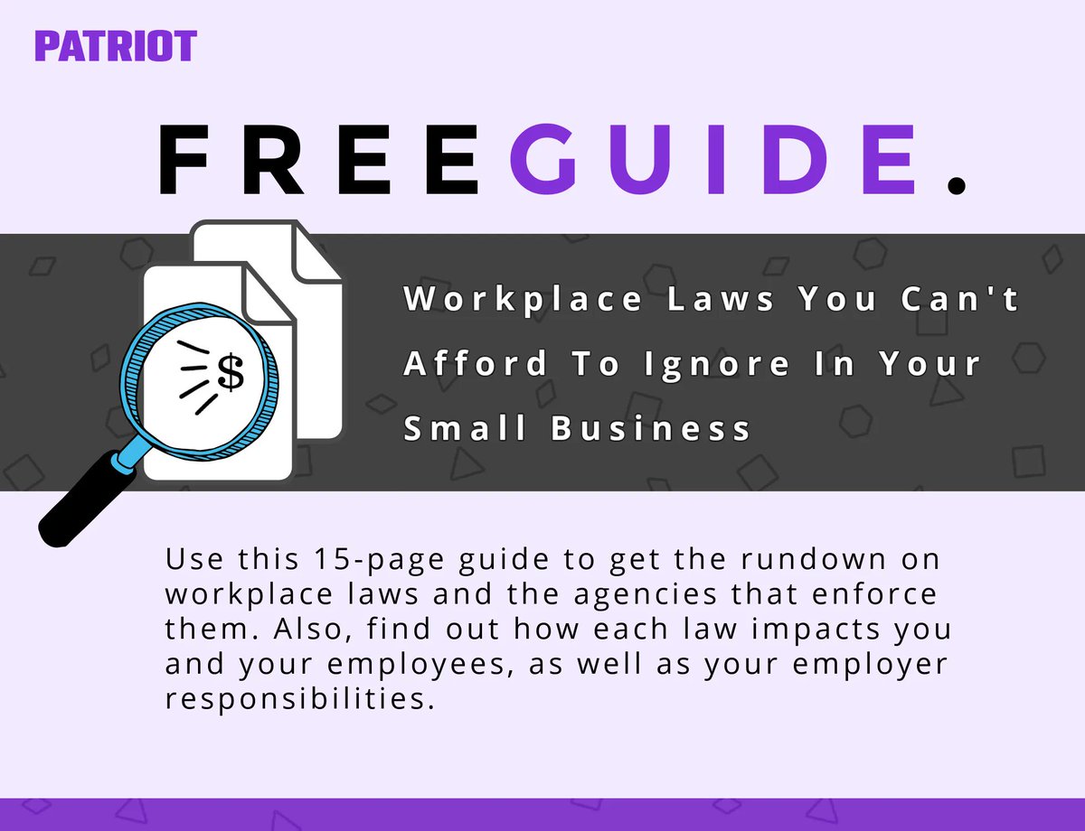 PatriotSoftware's tweet image. As a business owner, workplace law compliance is vital. Discover applicable laws, their impact on you, employees, and employer duties to alleviate stress. This guide offers insights into workplace laws and enforcing agencies. #BusinessOwner #WorkplaceLaws buff.ly/3r6YqCx