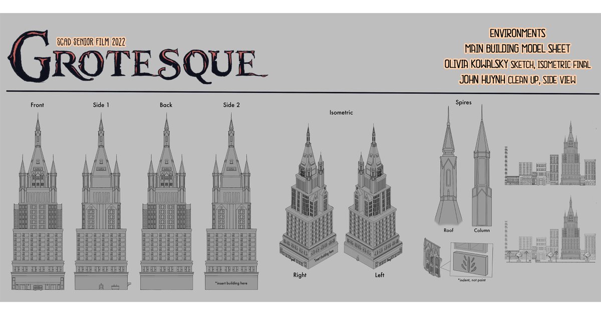 Just one more day until Grotesque's YouTube release! Here's some more early concept work of our main hero building, inspired by the gothic revival skyscraper Woolworth Building in New York City! Art by <a href="/Olivetigerarts/">Olive || Olivia Kowalsky</a>  and <a href="/noodleb0i_/">NoodleBoi ✨</a>
