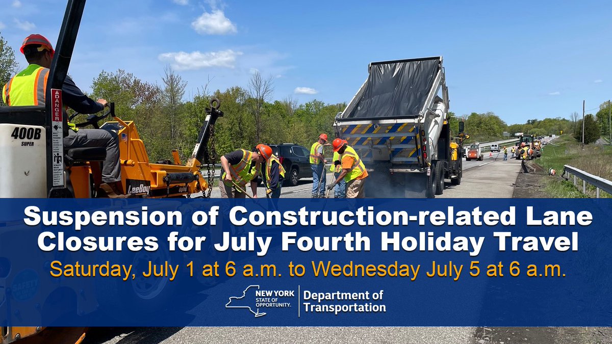 NYSDOT's tweet image. .@GovKathyHochul today announced the suspension of construction-related lane closures for the July 4th holiday. More here: bit.ly/434F9z9