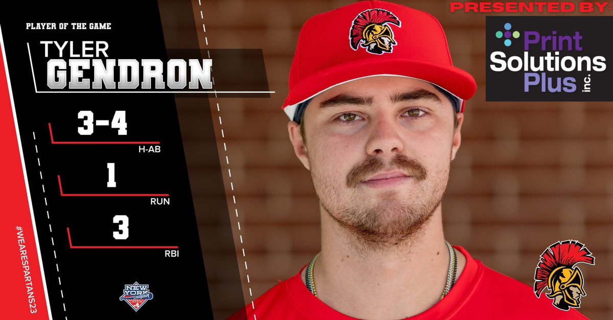 Tyler Gendron is your Print Solutions Plus Player of the Game for game 1 of our doubleheader against Rochester!  Tyler played a huge part in getting our six runs on the board and brought in a run to put us down only one run in the 9th inning.  Great Game Tyler💪🏻