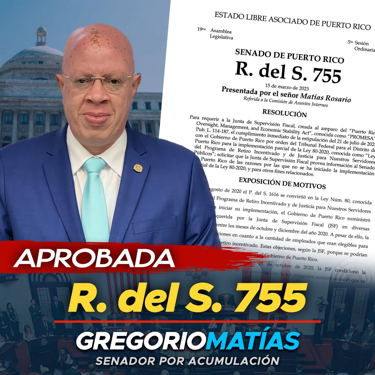 gmatiaspr's tweet photo. Aprobamos de manera unánime la #RS755 de mi autoría para requerir a la JSF el cumplimiento de la estipulación con el Gobierno de PR para la implementación de la Ley 80-2020 e información. Agradezco a todas las delegaciones por unirse a este esfuerzo por los servidores públicos. https://t.co/av8z5hZczQ