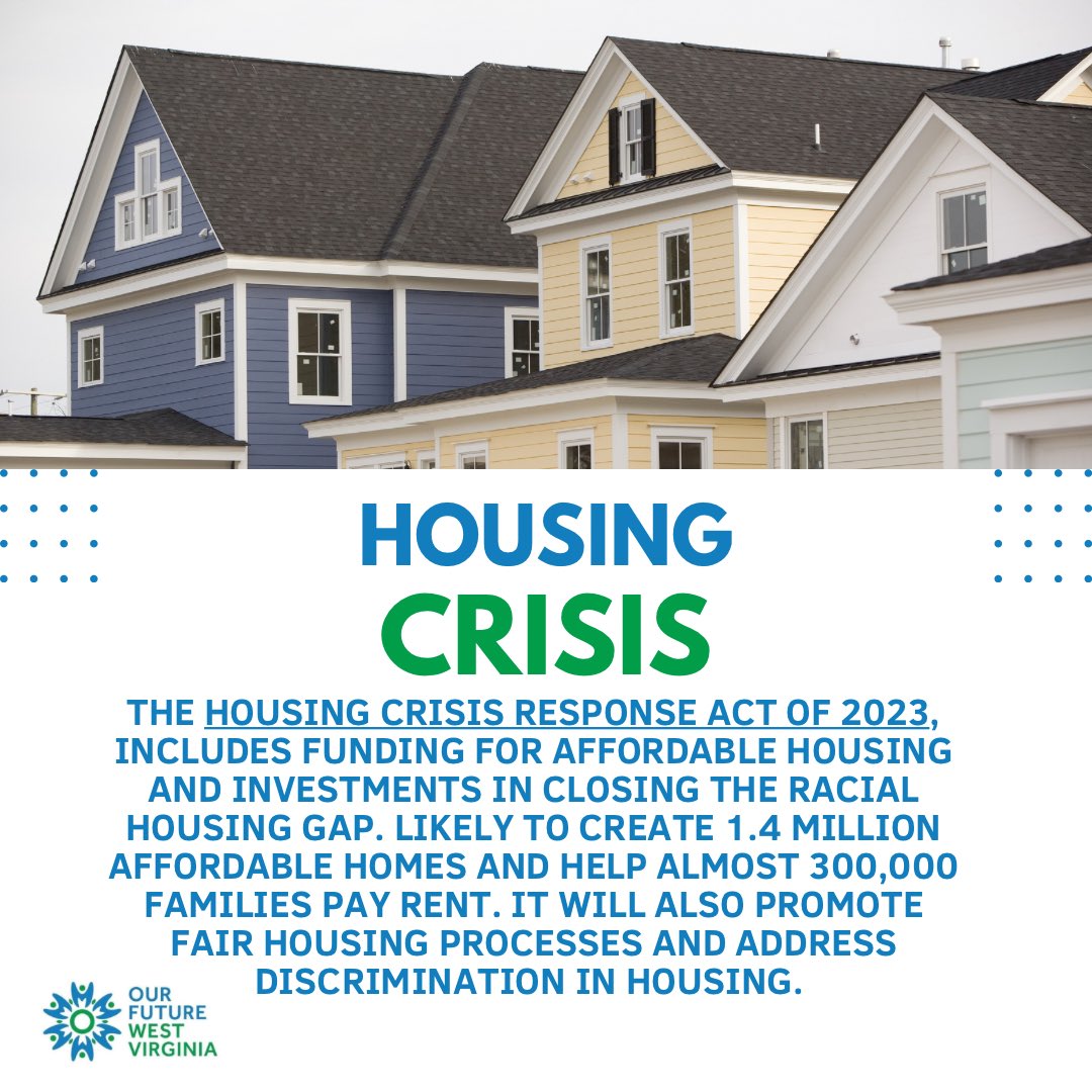 The Housing Crisis Response Act of 2023, includes funding for affordable housing and investments in closing the racial housing gap.  Likely to create 1.4 million affordable homes and help almost 300,000 families pay rent. #AffordableHousing #WestVirginia #families #ourfuture