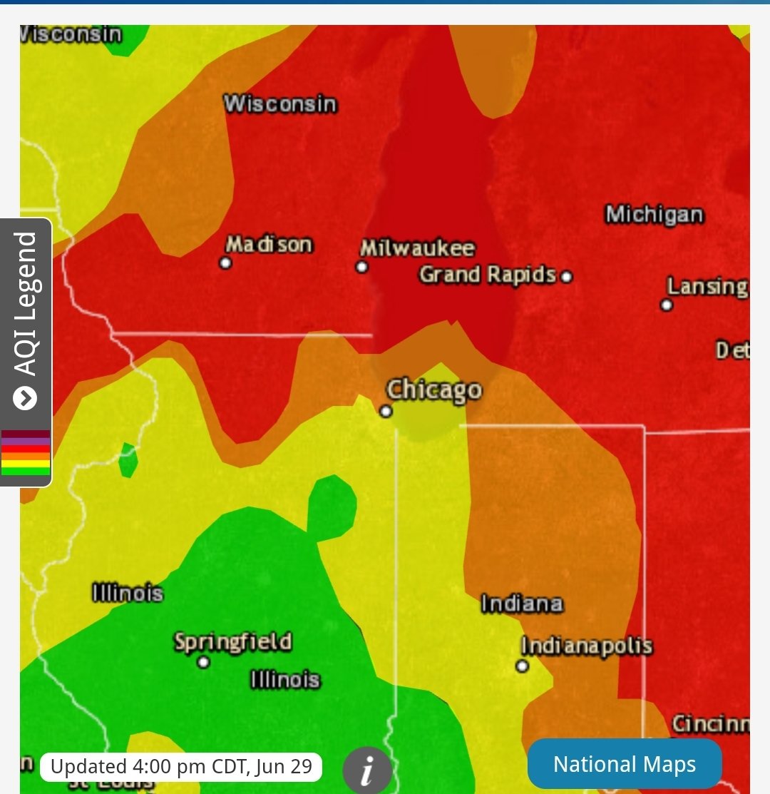 us_vrc_midwest's tweet photo. This week on #AirQualityData 

PM2.5 is dropping!  

The air is getting safer to breathe. 

More orange and yellow is developing throughout the midwest, but yellow has also extended further south in Florida.  Covering Tampa and Orlando!

#CanadaisBurning #CanadaWildfires https://t.co/6XwzZy6B5E