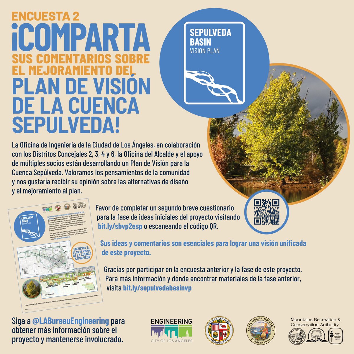 The second survey for the #SepulvedaBasin Vision Plan is available now! Share your feedback on the Sepulveda Basin Vision Plan design alternatives &amp; enhancements by taking this brief survey: bit.ly/sbvp2

Learn more about the project: bit.ly/sepulvedabasin…