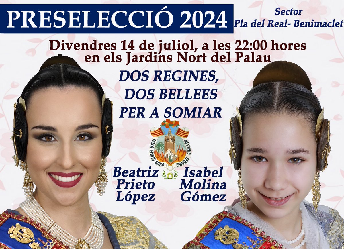 El viernes 14 de julio se celebrará la Preselección de candidatas de a FFMMVV 2024. Nuestras candidatas serán nuestra Fallera Mayor Infantil ISABEL MOLINA GÓMEZ y nuestra Fallera Mayor BEATRIZ PRIETO LÓPEZ . Será en los jardines norte del Palau de la Música a las 22:00 horas.