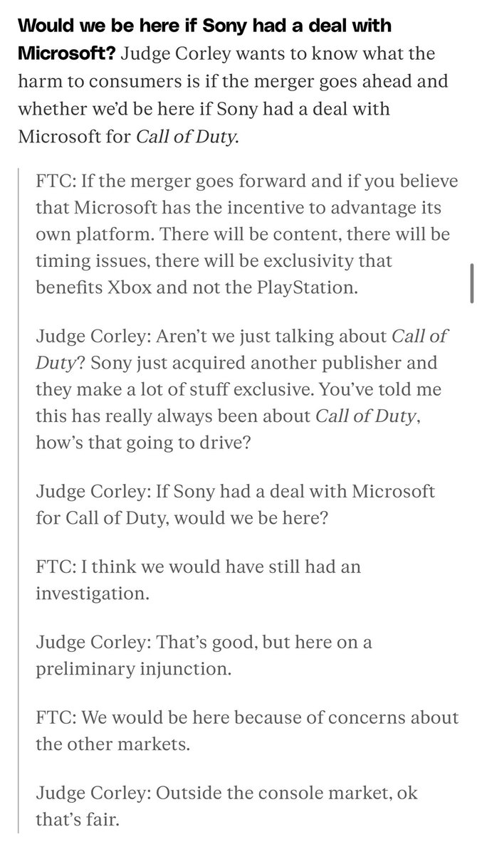 @StarLight_Terra FTC Lawyer: “There will be exclusivity that benefits Xbox and not the PlayStation.”

Judge Corley: “Sony just acquired another publisher and they make a lot of stuff exclusive.”

Based as fuck.