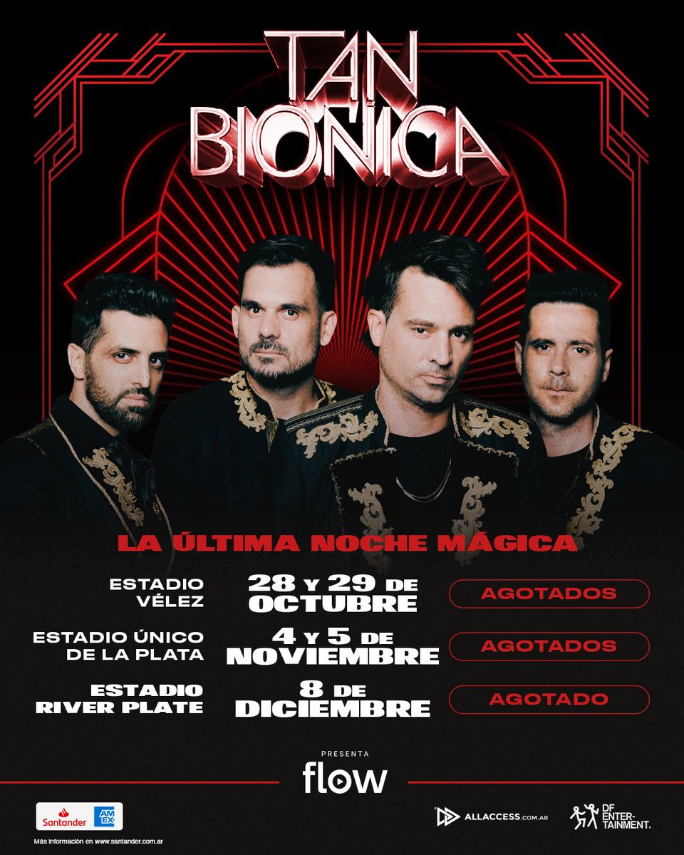 dfallaccess's tweet photo. TAN BIONICA HACE HISTORIA CON LA “ÚLTIMA NOCHE MÁGICA”

8 de diciembre - ¡AGOTADO! 
Estadio River Plate

28 Y 29 de octubre - ¡AGOTADOS!
Estadio Vélez

4 y 5 de noviembre - ¡AGOTADOS!
Estadio Único de La Plata https://t.co/j2sT4acLrG