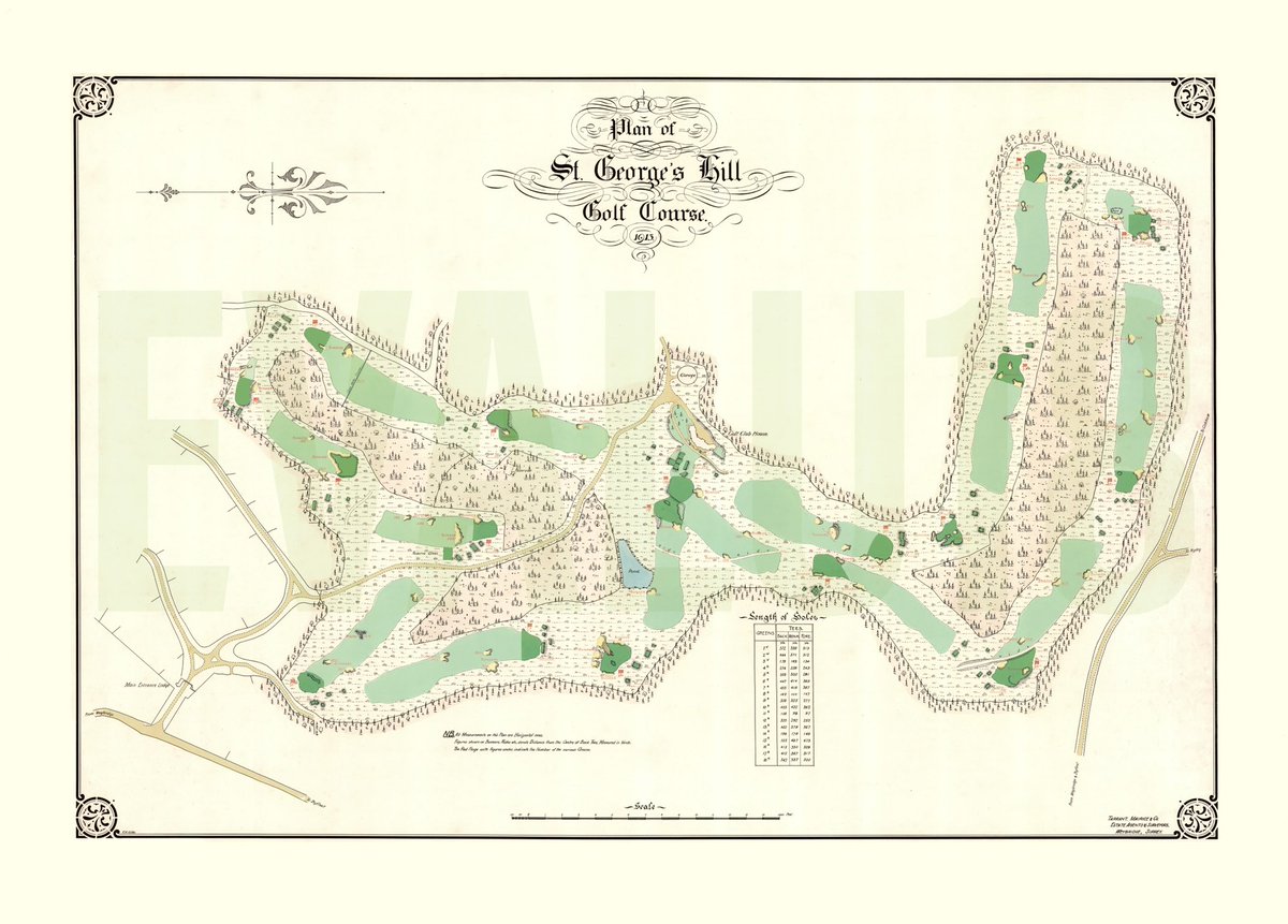 evalu18golf's tweet photo. Another great map from 1913 that you can find when you visit the @StGeorgesHillGC clubhouse… the amount of detail is spectacular. A real treasure for not only the club but golf course architecture and #HarryColt. A very rare survey indeed! https://t.co/HF20i5Uw4A