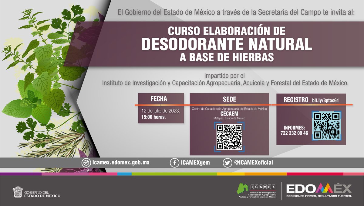 ICAMEXoficial's tweet photo. #QueNoSeTePase || No te quedes sin lugar para el próximo #CursoICAMEX, aprende a elaborar desodorante natural a base de hierbas. ¡Te esperamos! Escanea el código QR y registrate.
🗓12 de julio de 2023.
⏰15:00 horas. https://t.co/bB91pgHoY7