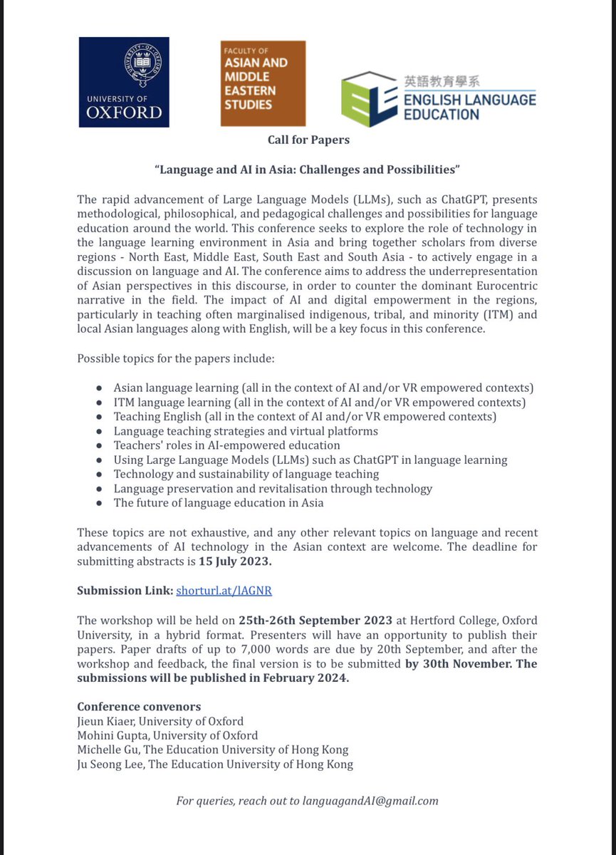 Mohini Gupta (she/her) (@mohinigupta28) on Twitter photo *Call for Papers*
Please find a Call for Papers for an upcoming conference (hybrid) on “Language and AI in Asia: Challenges and Possibilities” on 25-36 Sept hosted by <a href="/UniofOxford/">University of Oxford</a>. Abstracts due by the 15 July.
Details below; write to languageandai@gmail.com for any queries! *Call for Papers*
Please find a Call for Papers for an upcoming conference (hybrid) on “Language and AI in Asia: Challenges and Possibilities” on 25-36 Sept hosted by <a href="/UniofOxford/">University of Oxford</a>. Abstracts due by the 15 July.
Details below; write to languageandai@gmail.com for any queries!