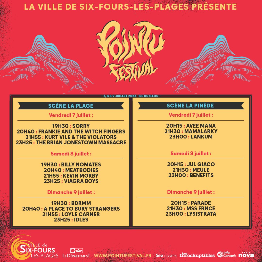 🕙 TIMETABLE 2023 🕑
À 7 petits jours de l'ouverture des portes, il est temps de vous dévoiler la timetable de notre 7ème édition 🔥
🎟️ pointufestival.seetickets.com