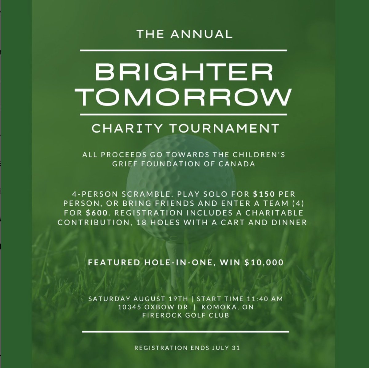 We are excited to share an upcoming charity golf tournament.  

Derek Di Iorio is hosting "Brighter Tomorrow" to commemorate the 10-year mark of his dad's passing, with the hope to positively impact kids who have lost a loved one.  

Details-bit.ly/3ppN2Bv