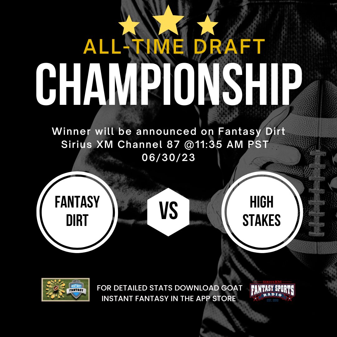 The #AllTimeFantasyDraft Championship is TOMORROW. 

Team Fantasy Dirt v. Team High Stakes! 

Who is going to take home the trophy? 

Well, you can find out TOMORROW when our founder Mike Wagschall announces the winner LIVE on <a href="/siriusxmfantasy/">Fantasy Sports Radio</a> Channell 87 at 11:35 AM PST!