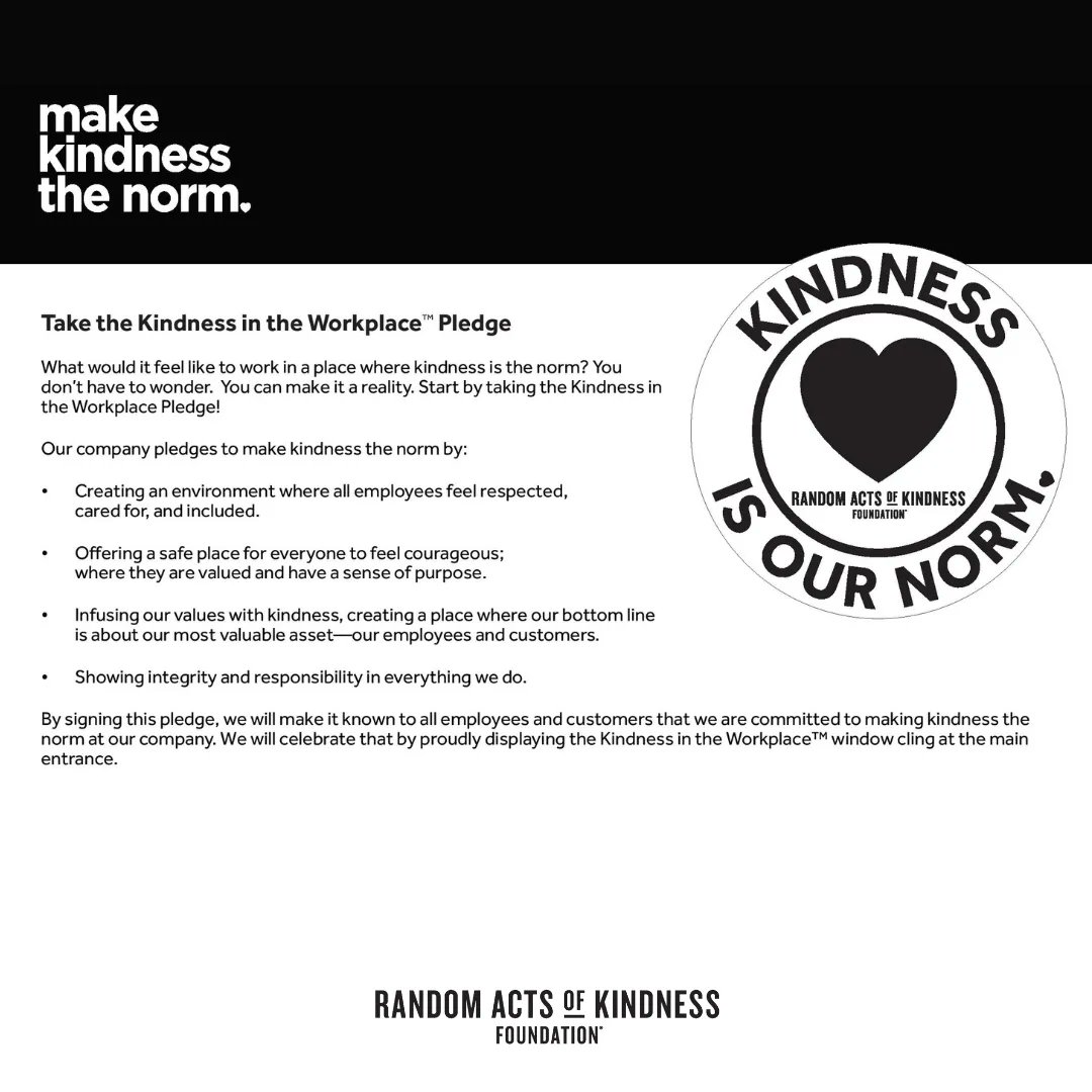 Do you dream of a workplace where kindness is the norm? Take the Kindness in the Workplace Pledge! 🌠

Fill out the form on our website and we'll send you a window cling to display at your business! randomactsofkindness.org/kindness-at-wo…