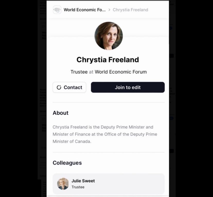 The “insider” is Deputy Prime Minister Chrystia Freeland, who sits on the World Economic Forum’s Board of Trustees along with the CEO of Accenture, Julie Sweet.

Accenture contracts awarded by the federal government have roughly increased by over 4000% since 2017.

Questions?
