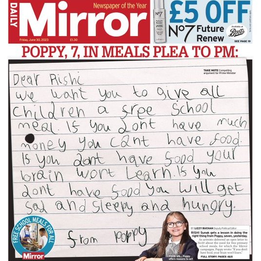 .
Poppy is right - it is a national scandal that children are going to school hungry meaning they can't learn as well.

All school children - especially of families on Universal Credit - should get free school meals!

#R4Today #BBCBreakfast #GMB #bbcaq #KayBurley #ToriesOut358
.
