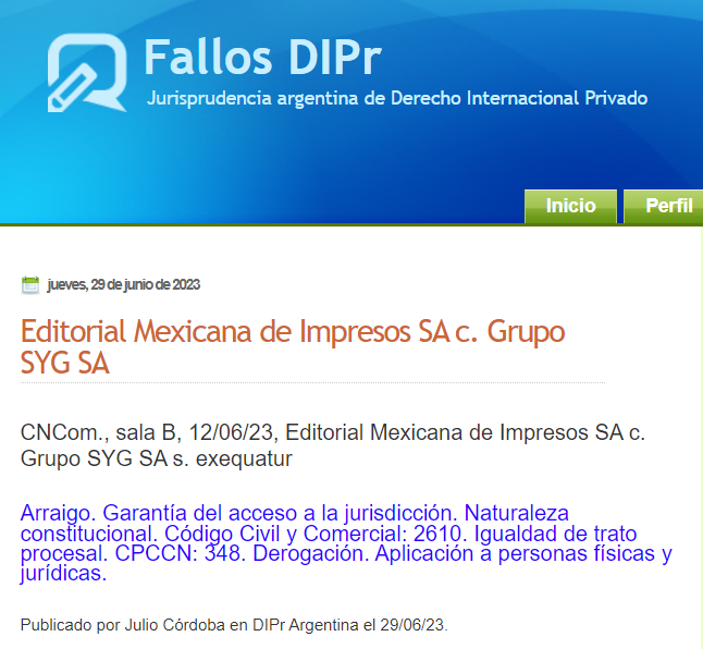 DIPrArgentina's tweet photo. #FallosDIPr La Cámara Comercial rechaza excepción de arraigo en una ejecución de sentencia de México. El art 2610 CCC ha derogado el arraigo Ver comentario en #DIPrArgentina https://t.co/RbN9CTa3Ws