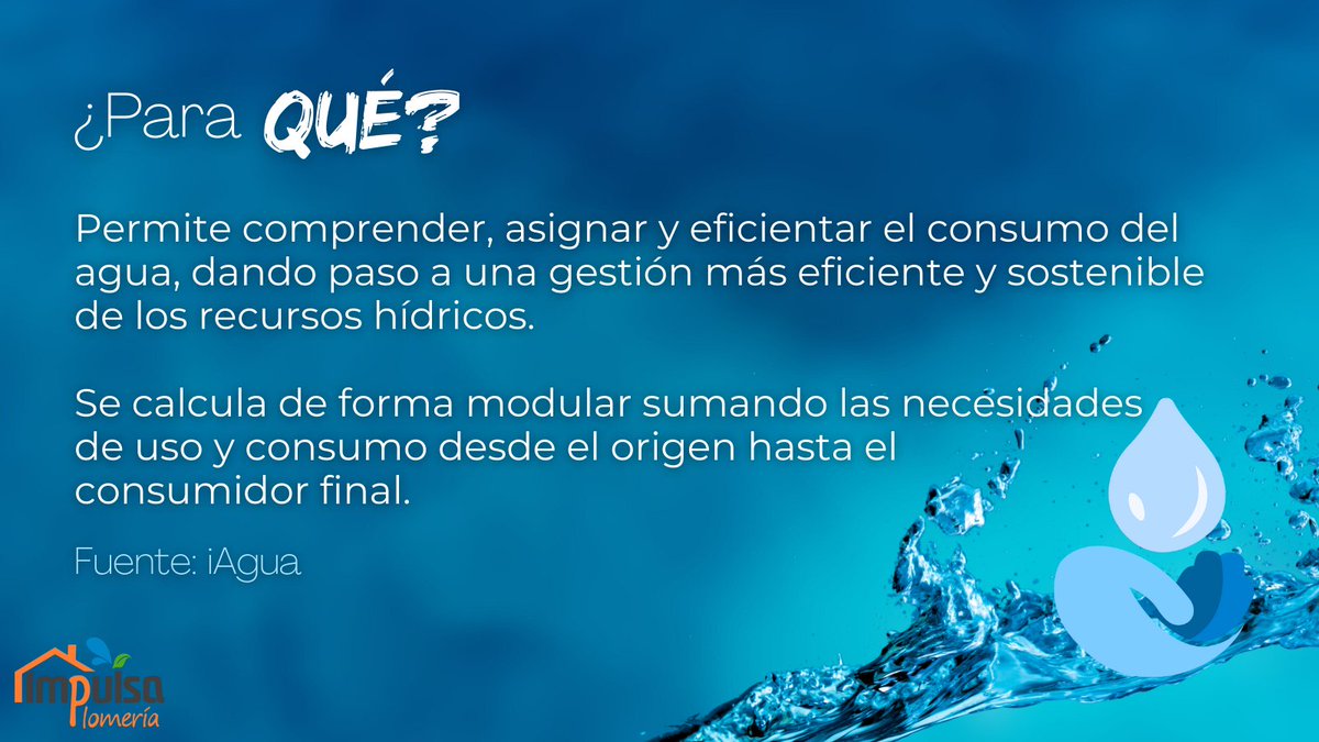 IMPULSAPLOMERIA's tweet photo. ¡Descubre la importancia de la #huellahídrica! Todos, individuos y organizaciones, tenemos una huella hídrica, es decir, la cantidad de agua que utilizamos directa e indirectamente en nuestras actividades diarias y en las cadenas de producción. 
#AhorroDeAgua #ODS6 #ConsumoDeAgua https://t.co/kKTp3MkjlZ