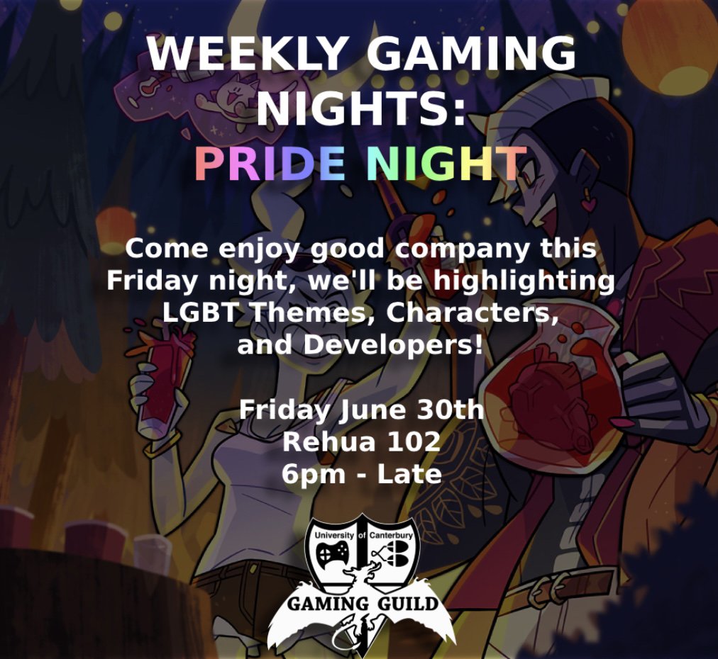 We have a #pride event to celebrate our queer community tonight! We will be playing a bunch of games highlighting LGBT+ devs, themes, and characters tonight in Rehua 102 from 6pm.

#PrideMonth2023 #pridemonth 🏳️‍🌈❤