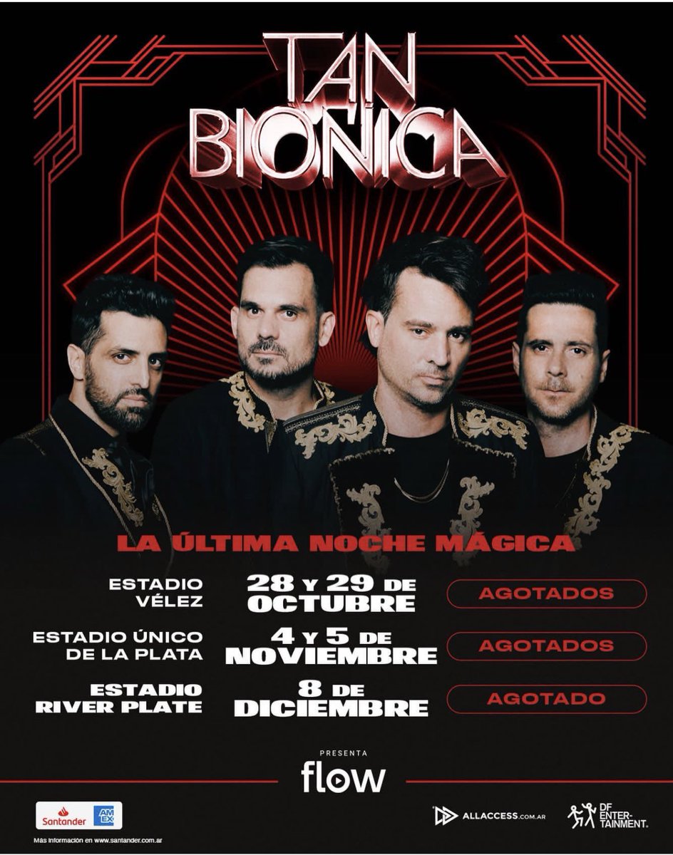 “Gracias por este abrazo tan grande a nuestra música. 
Vamos a dejar el alma en cada canción y el corazón en cada escenario. 
ARRIBA CORAZONES NOSTÁLGICOS DEL PIBERIO BIONICO”

28 Y 29 de octubre - ¡AGOTADOS!
Estadio Vélez

4 y 5 de noviembre - ¡AGOTADOS!
Estadio Único de La