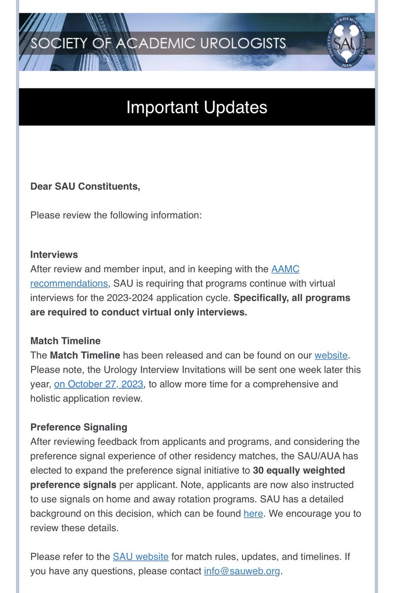 Interesting update (&amp; PSA for uro-oriented folks) from <a href="/UroAcademic/">Society of Academic Urologists</a> — 30 equally weighted signals for #Match2024 for home programs, away rotations, and otherwise. 

Will be interesting to see what this change (&amp; scoreless STEP 1) will do for Match this year (&amp; also for me 🥸)!