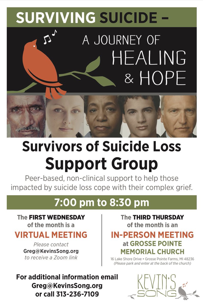 The next VIRTUAL meeting of our Support Group will be Wed 7/5 from 7-8:30PM via Zoom.

The next IN-PERSON meeting will be Thur 7/20 from 7-8:30PM at Grosse Pointe Memorial Church.

For Zoom link or more info, email Greg@KevinsSong.org.

#griefsupport #endthestigma #mentalhealth