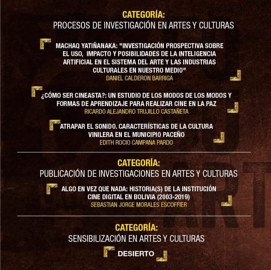 Mi próximo libro "Algo en vez que nada: Historia(s) de la institución -cine digital en Bolivia (2003-2019), ganó el FOCUART para su publicación 😌😌. Pronto ya verá la luz.