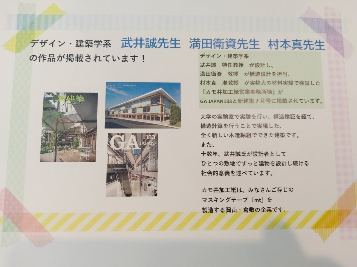 デザイン・建築学系の3名の先生が設計に携わられた建
築物が「新建築」「GA　JAPAN」の7月号に掲載されま
した！生協書籍フロアで是非ご覧ください。
またこちらの建物に事務所を構えられた「カモ井加工
紙」様で製造されているマスキングテープも取り扱いし
ております。