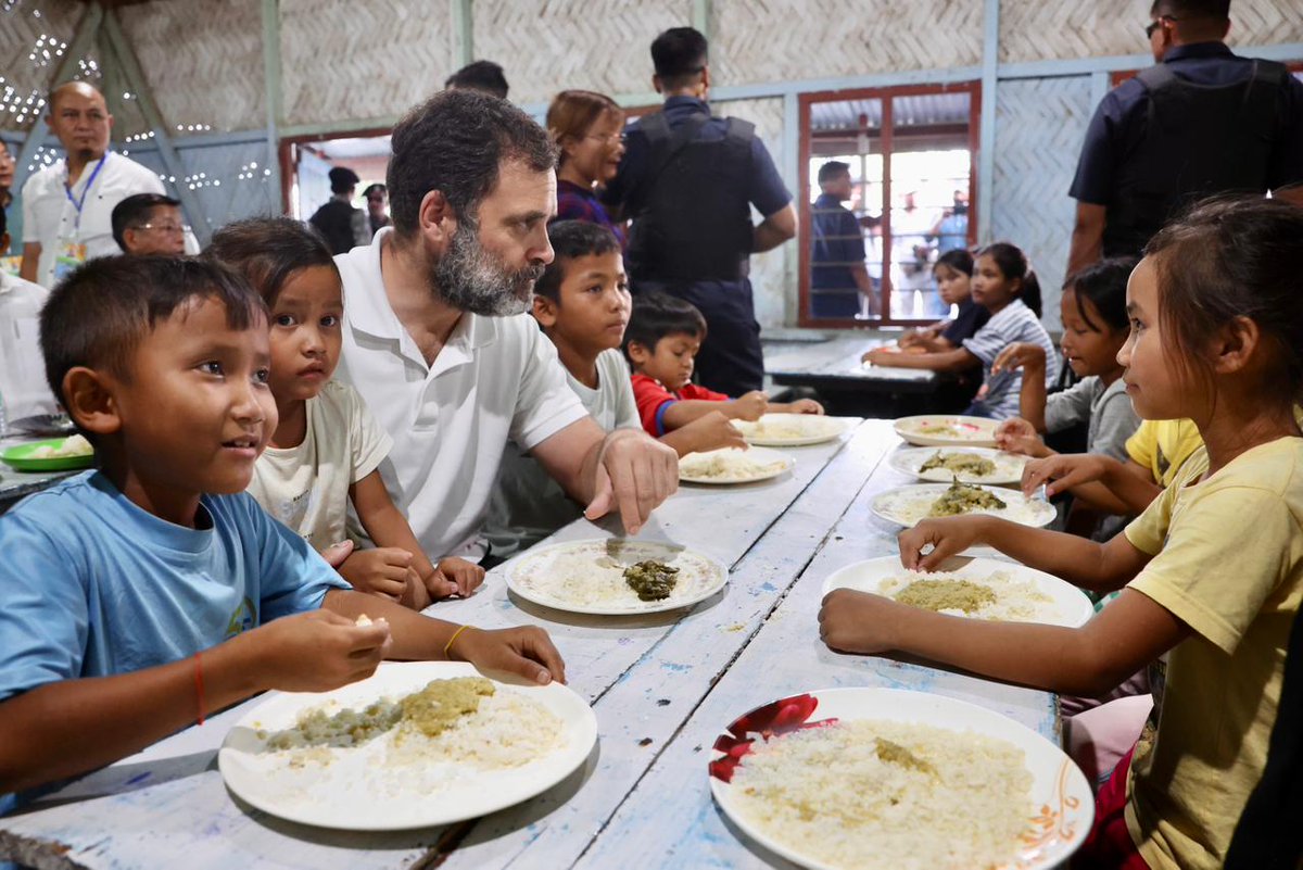 INCIndia's tweet photo. Love &amp; kindness will always defeat violence!

Shri @RahulGandhi shares lunch with children at the relief camp in violence-hit Churachandpur, Manipur.

Photos: 29 June 2023 https://t.co/LksKgF1xSO