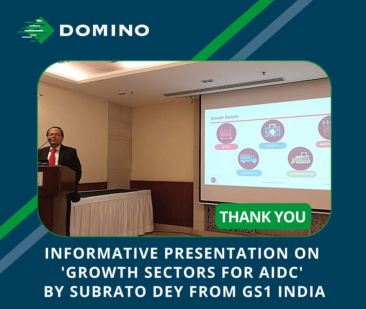 DominoIndia's tweet photo. We would like to thank Subrato Dey from GS1 India for his insightful presentation on "Growth sectors for AIDC".
We look forward to help manufacturers in their AIDC / Automation journey as well as adoption of GS1 standards.
#GS1India #AIDC #GrowthSectors #Healthcare https://t.co/COJZ0N8RwZ