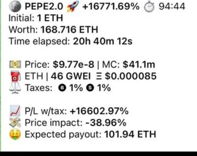 UP 168 ETH ON ANOTHER PEPE2.0 APE.

WHAT CAN I SAY. I PRINT MORE THAN THE FED ON STEROIDS.

REPLY GUYS WILL SAY IT'S A LARP. ONLY LARP IS THEM FADING THE GOAT JAMMA.

IF YOU WANT TO PRINT MONEY LIKE ME YOU GOTTA FOLLOW ME AND LIKE THIS POST.

ALPHA DROPPING SOON.