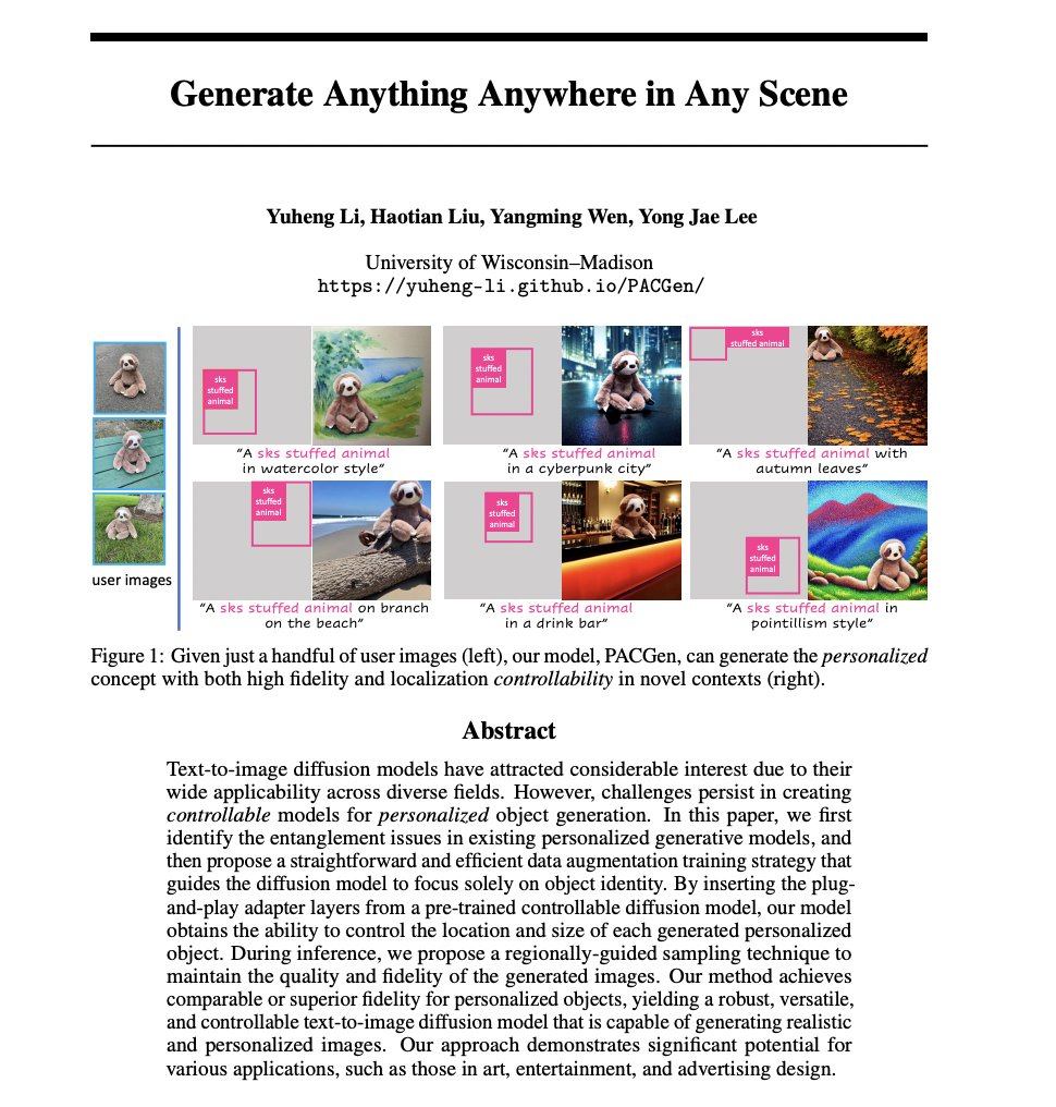 Generate Anything Anywhere in Any Scene

paper page: huggingface.co/papers/2306.17…

Text-to-image diffusion models have attracted considerable interest due to their wide applicability across diverse fields. However, challenges persist in creating controllable models for personalized