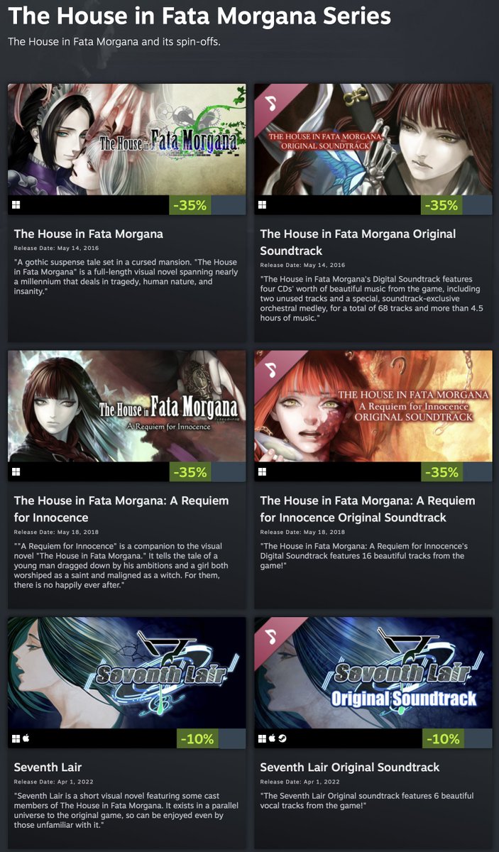 Steam's Summer Sale is on! The House in Fata Morgana series and its OSTs are up to 35% off. Be sure not to miss out! store.steampowered.com/developer/nove…