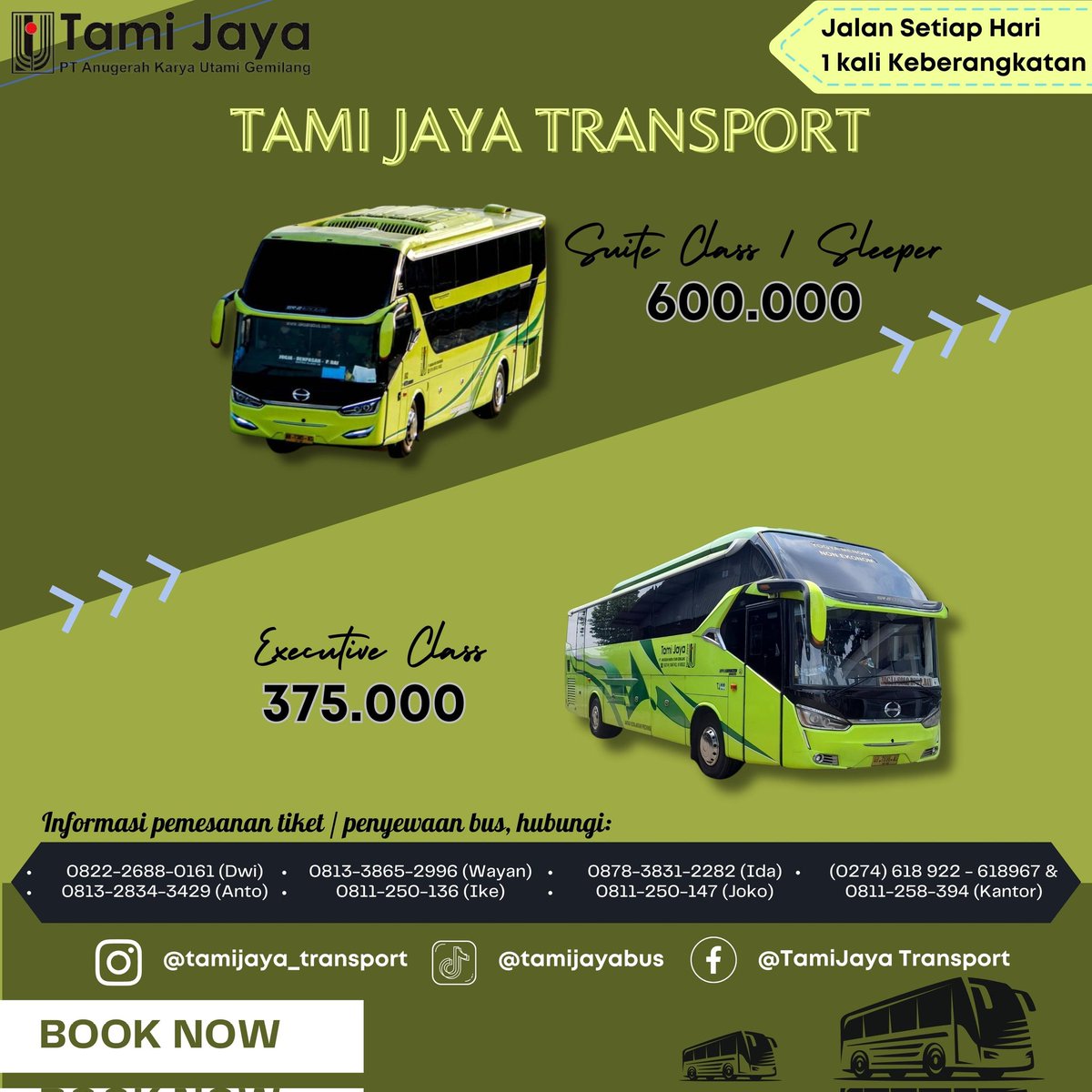 Tami Jaya siap menjadi mitra terbaik perjalanan Anda yang menyenangkan dan nyaman. Kami siap melayani dengan setulus hati.🥰