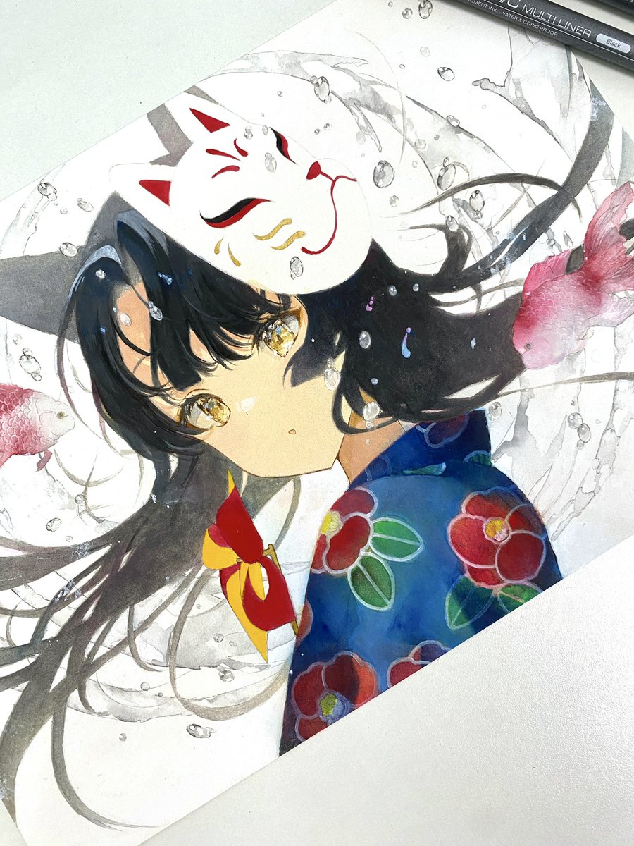 1girl japanese clothes black hair mask solo kimono fox mask  illustration images