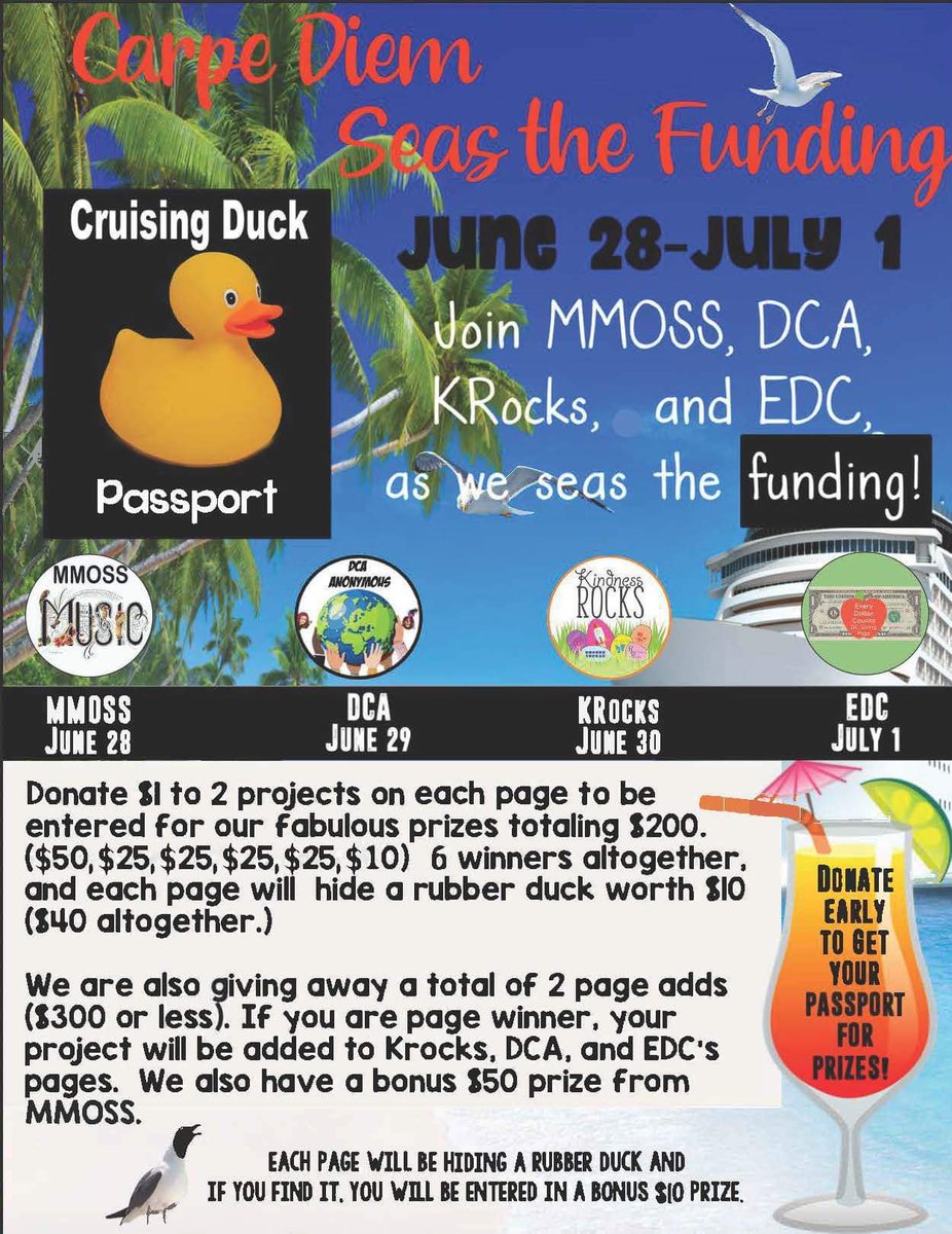 KrocksPage's tweet photo. Today is KRocks day of the multi-page #SeasTheFunding journey! Donate $1 to 2 projects on #KRocks to get your Cruise Stamp! The KEY to finding our duck will get you on the BOARD for a bonus $10 prize! https://t.co/W9dksea93h
What’s your favorite vacation🍹to earn your 🛳 stamp! https://t.co/udVdaSZNB7