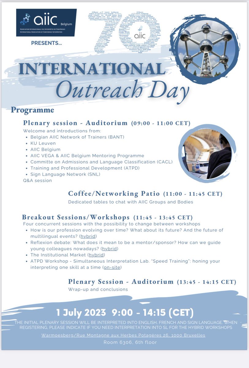 AIIC 70.Yılı Kutlamaları kapsamında bu haftasonu Brüksel'de herkese açık  Uluslararası Outreach Etkinliği düzenleniyor

AIIC International Outreach Event on the occasion of AIIC@70 is to be held in Brussels on July 1, 2023 
#aiic #aiicturkey # aiic@70 #aiicbelgium