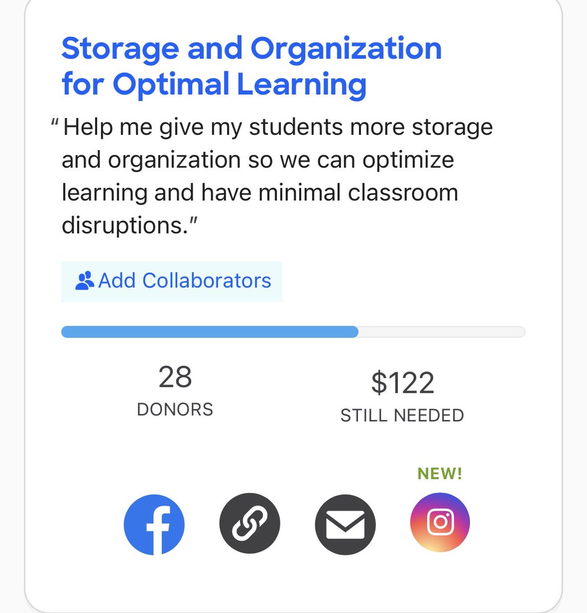 ‼️2️⃣8️⃣ donors y’all‼️I’m incredibly grateful for all who have helped w/my @DonorsChoose project. It doesn’t have a match, so it’s been extremely hard to fund. 

🚨But we’re almost there! Only $122 needed to fund🚀🚨

#clearthelist #PostForPencils 

donorschoose.org/project/storag…