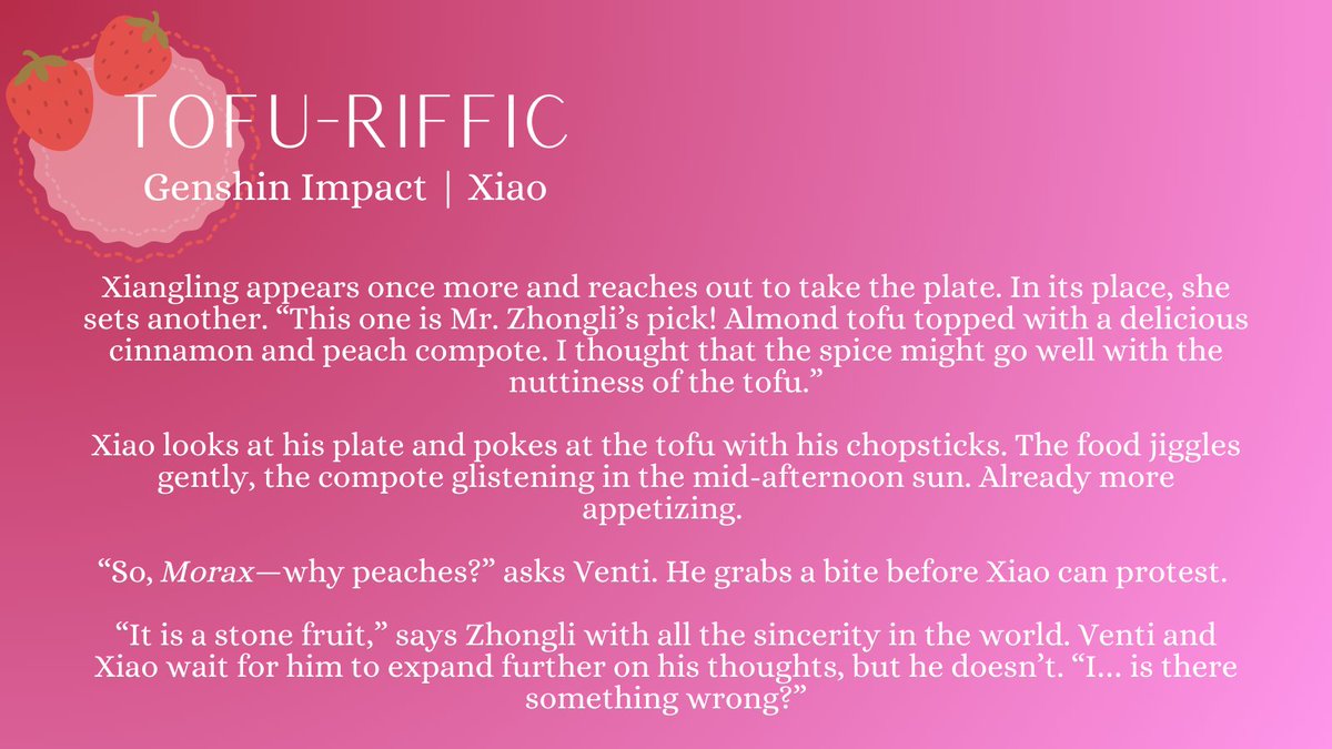 _Cavalierious_'s tweet photo. [ #GenshinImpact #Xiao ]
Xiao goes on a hunt to better his almond tofu on a day that he feels weirdly 'off'.
-
Here's the silly little fic I wrote for @IcyMilkshakes ! Link below. ⬇️ https://t.co/MvFoPImNbT