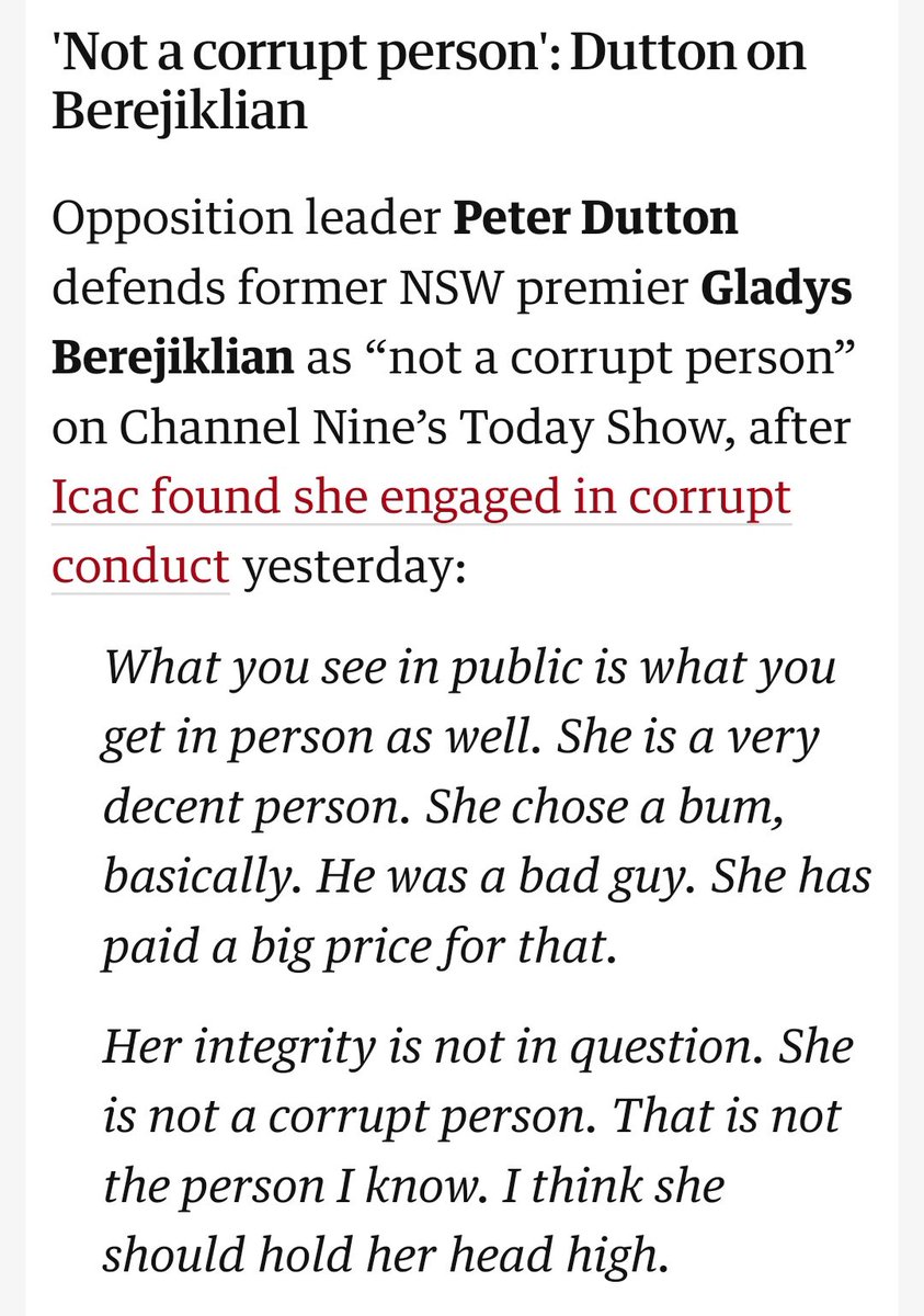 IntBystand's tweet image. Peter “He Is Not A Monster” Dutton on the clear and concise evidence from #ICAC that #OurGlad is as corrupt AF: Gladys “Not A Corrupt Person” Berejiklian. Well, we can take that to the bank then #ICACReport #nswpol #auspol