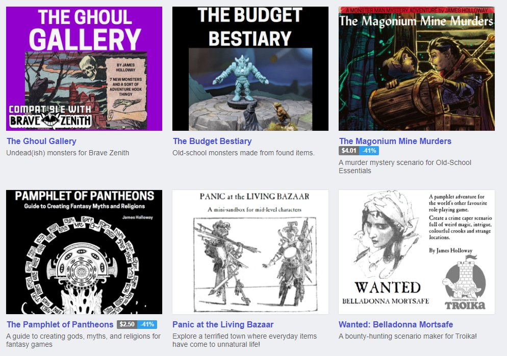 For the evening / US crowd: the Pamphlet of Pantheons and The Magonium Mine Murders are both on sale over at Itch for the next few weeks!

james-holloway.itch.io