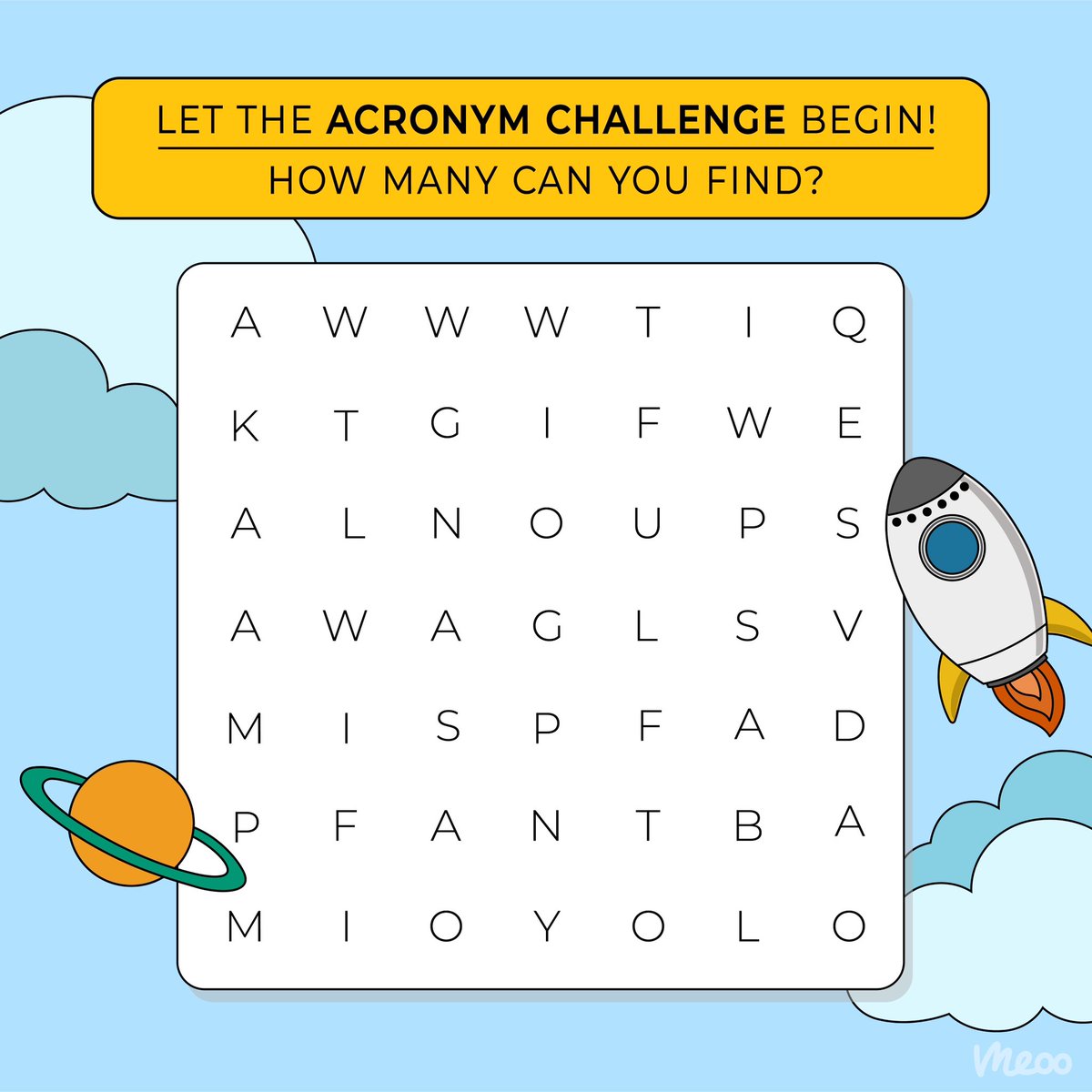 ask_meoo's tweet image. Don’t forget to share your score in the comments 😉 

#askmeoo #acronymchallenge #knowledgesharing #b2b #officelife #challenge