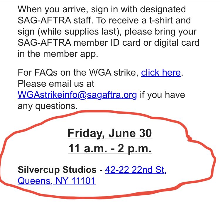 #WGAstrike2023 Picket 🪧 Location for Friday, June 30th 11am-2pm @ #SilvercupStudios - 42-22 22nd St, Queens, NY 11101

#WGAstrong #SAGAFTRAstrong #Union #UnionStrong #1u #IATSE #Teamsters #AFLCIO #Strike