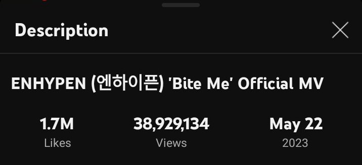 the fact that the "bite me mv" is just needed 1,070,866m views to reach 40M views! bite me organic views 🔥
#BITE_ME #ENHYPEN #DARKBLOOD