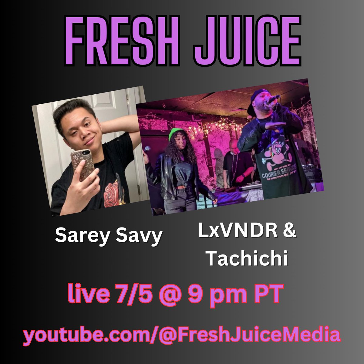 FreshJuiceMedia's tweet photo. Returning guest @SareySavy is now a self-proclaimed "Bad Guy" & we're choppin it up w/ Halifax's best new duo Lxvndr & @Tachichiscotia of @HandSoloRecords
Click the link in bio to watch/listen!
#SareySavy #LxVNDR #Tachichi #FreshJuice #SoaveRecords #HandSoloRecords #FoundMoney https://t.co/Xso5B0tHki