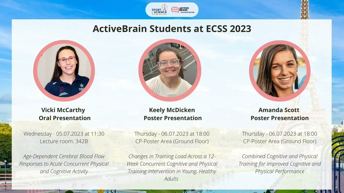 Not only are the @ActiveBrainUC staff members involved, but we also have students @AmandaS892, @keely_mcdicken, and @vickimccarthy_ attending #ECSS2023, presenting their research in both oral and poster formats! Time for the students to become the masters 😎 @E_C_S_S